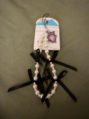 Sanrio White Pearl Bead phone charm with Black Ribbon Accents